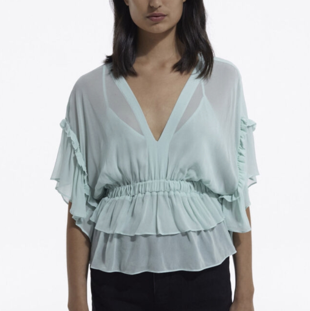💎 The Kooples Mint Green Ruffled Short Sleeve Top Size 1 (Small) - Flawed Gem